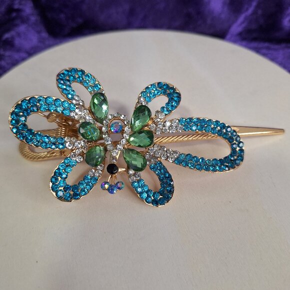 Antique Goldtone Ribbon Hair Clip – Oversized with Topaz & Emerald Crystals - Picture 1 of 2